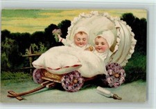 13065162 - Bollerwagen mit Bluetenraedern, Zwillinge , Milchflasche AK Baby