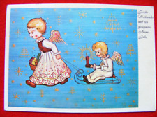 Postkarte Ansichtskarte alt Kunst Weihnachten Engel Kinder Schlitten 1962 Winter
