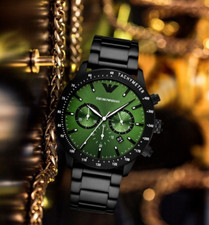 NEU EMPORIO ARMANI HERREN EDELSTAHL SCHWARZES ARMBAND & GRÜNES ZIFFERBLATT AR11472 UK