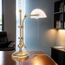 Bankerlampe Tischleuchte Bronze Glänzend aus Messing Glas Zugschalter Premium