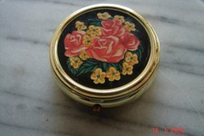 RETRO  METALL GOLD  FARBIG MEDIKAMENTEN/PILLEN DOSE BOX RUND ROSEN