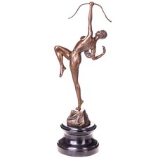 Bronze Skulptur Diana mit Bogen Art déco auf Marmor sockel signed