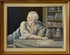Ölbild Interieur Mann am Tisch in der Küche 1970 37 x 47 cm Rickert