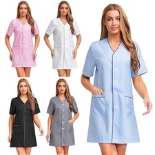 Damen Arbeitskittel Kurzarm Arbeitsmantel Laborkittel V-Ausschnitt Uniform Kleid