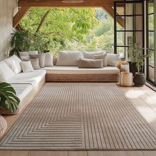 Teppich Wohnzimmer, Kurzflor Beige, Hoch-Tief-Effekt Waschbar Outdoor geeignet