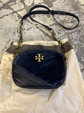 Tory Burch Kira Camera Bag Tasche Handtasche Crossbody Blau Samt Leder 