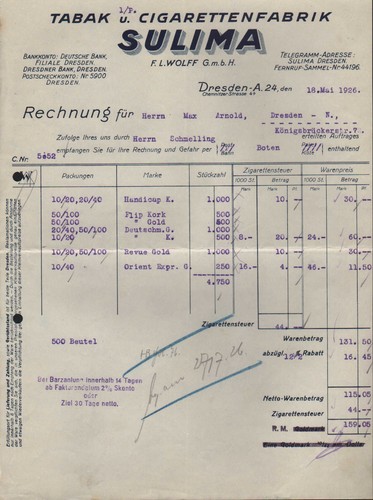 Dresden rechnung 1926 tabak - dresden,, tabak-