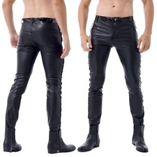 Herren Wetlook Hose Stretche Lederhosen Pants Bikerhose Tight mit Reißverschluss