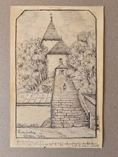 Bleistiftzeichnung 92648 Vohenstrauß Waldau Kirche einst Burg Ansicht v. 1912