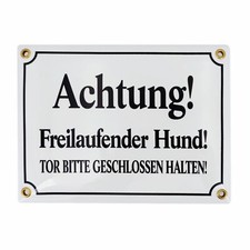 Achtung Freilaufender Hund, 15x20 cm, Emailschild Vorsicht Hund, Weiss