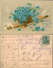 Glückwunsch Geburtstag Birthday Tauben fliegen um Feilchen 1911 Prägekarte