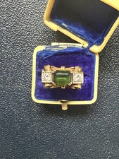 Antik Damen Ring 14 kt. 585 Gold 2x  Diamant 1x Facetten Stein Grün