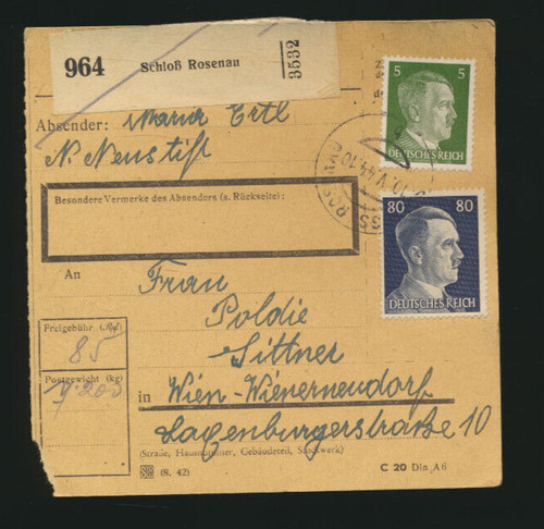 Paketkarte 1944 aus schloß - paketkarte,