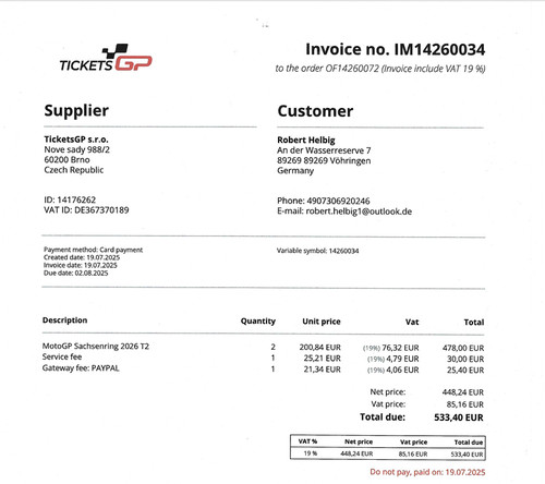 Sachsenringtickets motogp - 2x,