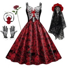 Halloween Kleid Damen – Cosplay Schädel & schwarze Rose | Gothic Hexe Vintage