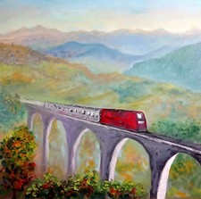 Zug Brücke Berge Ölmalerei