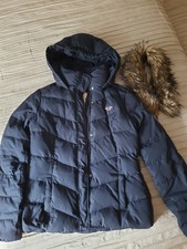 Hollister Jacke Gr. L mit Kapuze Daunen + Federn dunkelblau