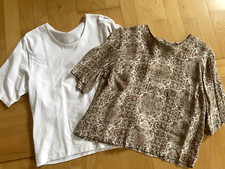 2 Damen Shirt Bluse Gr. 38 40 uni weiß Satin Band T-Shirt zarte Bluse braun Töne