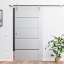 Soft Stop Glas Schiebetür matt + klare Streifen mit Edelstahl System Dekor P1-A