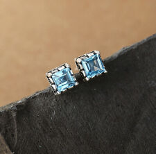 B09 Ohrring Stecker blauer Topas Quadrat Sterling Silber 925 Stein der Götter