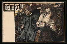 Künstler-AK Rudolf Schiestl: Heimkehr, Bauer mit Peitsche und Ochse mit Kette 