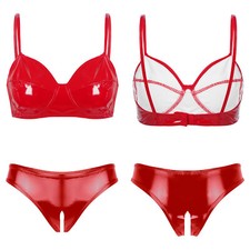 DE Sexy Damen Dessous Wetlook Unterwäsche 2Stück BH und Höschen Set Clubwear