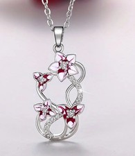 Silberne Anhänger Halskette Synthetischer Zirkonia Rosa Blume Frauen Kette