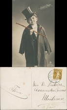 Ansichtskarte  Kinder Künstlerkarte Jung auf Alt Anzug Zylinder Monokel 1917