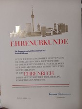 Ehrenurkunde DDR Ost-Berlin SED Partei Ehrenbuch Urkunde Ost Berlin Weißensee
