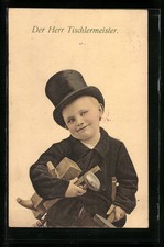 Kleiner Tischlermeister mit Hobel und Hammer, Ansichtskarte 1914 