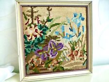 ✿ Antikes Gobelin Bild ALPEN BLUMEN ENZIAN Petit Point Stickerei Rahmen 18x18 cm