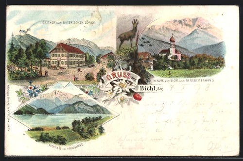 Lithographie bichl gasthof - lithographie, bichl,