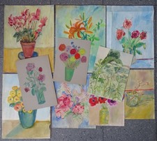 10 Zeichnungen Konvolut - Aquarell - Stillleben Blüten Vasen Studie Gefäßen 1969
