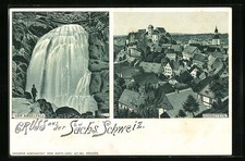 Lithographie Hohnstein /Sächs. Schweiz, Teilansicht, Der Amselfall 