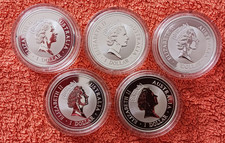 5 mal 1 Dollar Australia Kookaburra Elizabeth II. Je 1 Unze 999er Silber 1996
