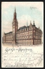Lithographie Hamburg, Rathaus, Außenansicht mit hell erleuchteten Fenstern, Hal 