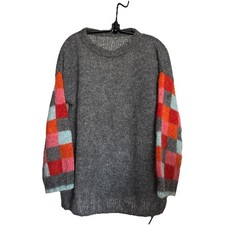 PULLOVER, Pulli, Wolle, Unikat, handgestrickt, grau, kariert, Loop, Gr.38/40