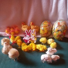 21 ALTE Miniatur Oster Pom Pom Chenille Küken /Hasen z. Teil Drahtbeine 1 Pappei