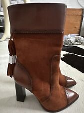 Damen Stiefelette Cognac Braun Neu Fransen Reißverschluss Blockabsatz Leder