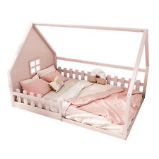 Massivholzbett Kinderbett Hausbett Doppelbett 140x200 mit Lattenrost & Zaun Rosa