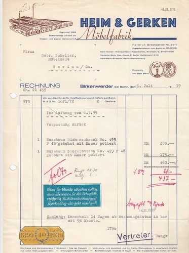 Birkenwerder rechnung 1939 - birkenwerder,,