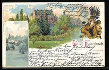 Lithographie Eisenbach / Lauterbach, Schlossansicht und Wappen 1903 
