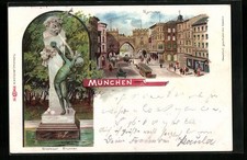 Lithographie München, Gasteiger Brunnen und Karlstor mit Pferdebahn 1899 
