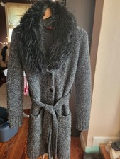 Conleys schöner Strickmantel Wollmantel schwarz-weiß gefüttert Fellkragen Gr.36