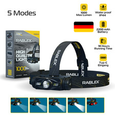 RABLEX LED Headlamp 1000 Lumen – Rechargeable USB-C, Lightweight, Waterproof