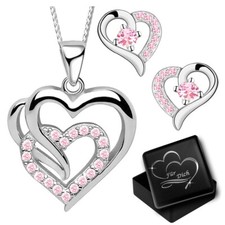 Schmuckset echt 925er Silber Ohrringe mit Halskette rosa Herz für Damen Mädchen