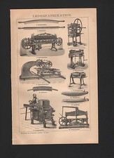 Lithografie 1896: LEDER-Fabrikation. Glätt-Stein Schuster Spalt-Walz-Maschine
