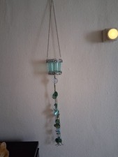 Teelichtglas in dekorativer Hängeampel, türkis, Nr. 510