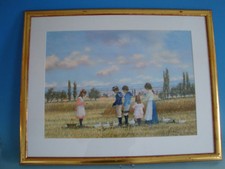 RS1118-452: Gemälde Mischtechnik Kreide Pastell Kinder mit Enten IN Landschaft