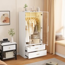 Kleiderschrank mit Kommode Glastüren Spind Kleiderschrank Schrank mit LED Weiß